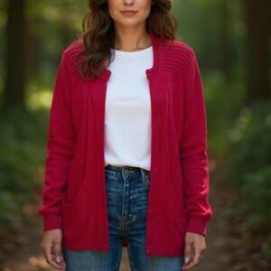 Peruvian Link Womens Chunky Alpaca Wool Cardigan Sweater Red Open Front Size M/L